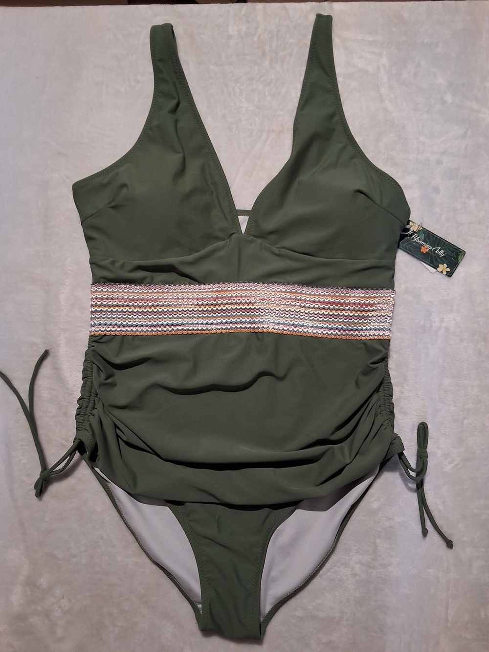 Olive Green V-Neck One-Piece Swimsuit with Waistband Detail